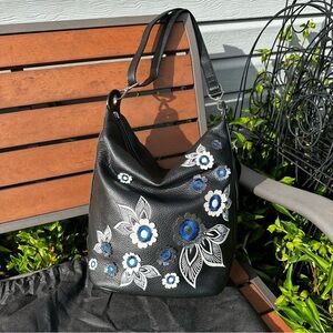 Vera Bradley Lotus Blooms Carson Hobo Crossbody in Black Leather